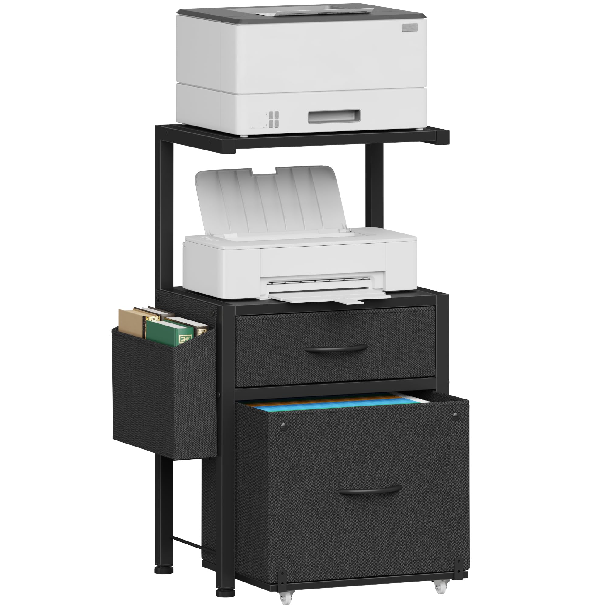 Photo 1 of HIGDBFE 2-Drawer File Cabinet, Filing Cabinet with 2-Tier Printer Shelves, Office Cabinets with Side Bag&File Drawer for A4/Letter Size, Printer Stand with Storage for Home Office, Black, 16.5" W