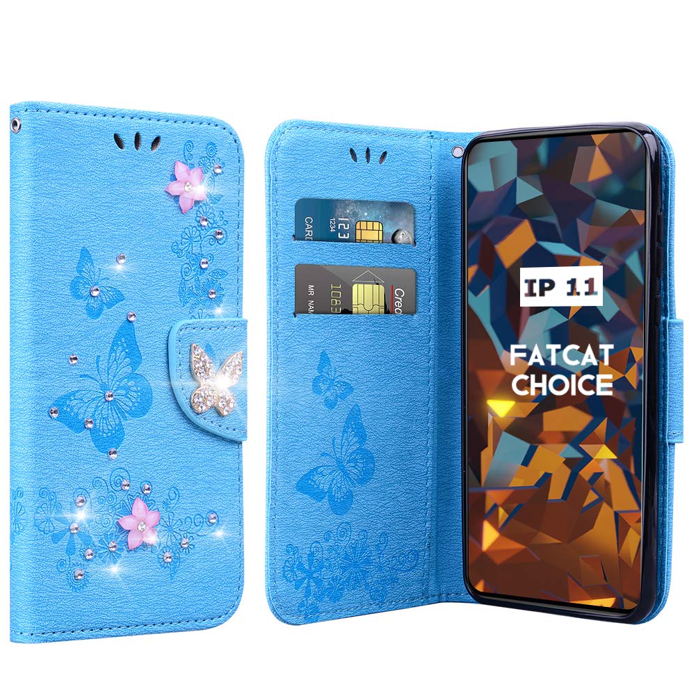 FatcatChoice Case for iPhone 11 (6.1 Inches), Bling Bling Case Sparkly Diamonds Gems Premium PU Leather Magnetic Flip Cover with Card Slots Holders Wallet Case Full Protection (Blue)