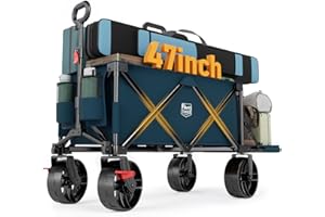Timber Ridge 47" L Collapsible Wagon with Tailgate & Brake, 550lbs Heavy Duty Beach Wagon with All-Terrain Big Wheels, 250L Foldable Utility Cart for Sand Camping Sports Shopping, Blue