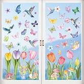 AOWDIAO Spring Window Clings - 83 Pcs Watercolor Flower, Butterfly, Hummingbird, Mushroom, Tulip Glass Stickers - Reusable Double-Sided Window Decor for Home, Office or Classroom