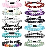 12 PCS 8mm Semi-Precious Gemstone Bracelet Set Crystal Stone Bracelets for Men Women Round Beaded Adjustable Macrame Bracelets