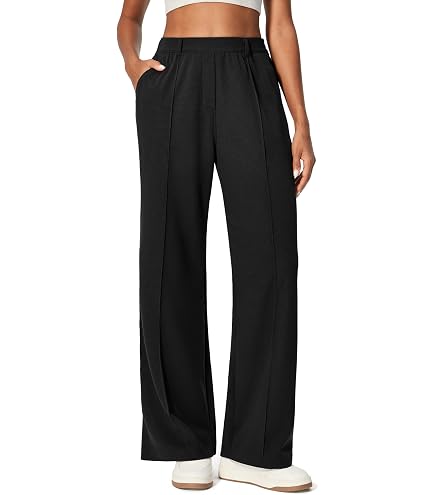 dress pants with elastic waist for women AFITNE Womens Wide Leg Work High Waisted Pull On Pants Pockets Waistband Office Business Casual Loose Fit Trousers Slacks 29" Beige XS: Clothing, Shoes & Jewelry on Polyester Pants Straight Wide Leg Pants for