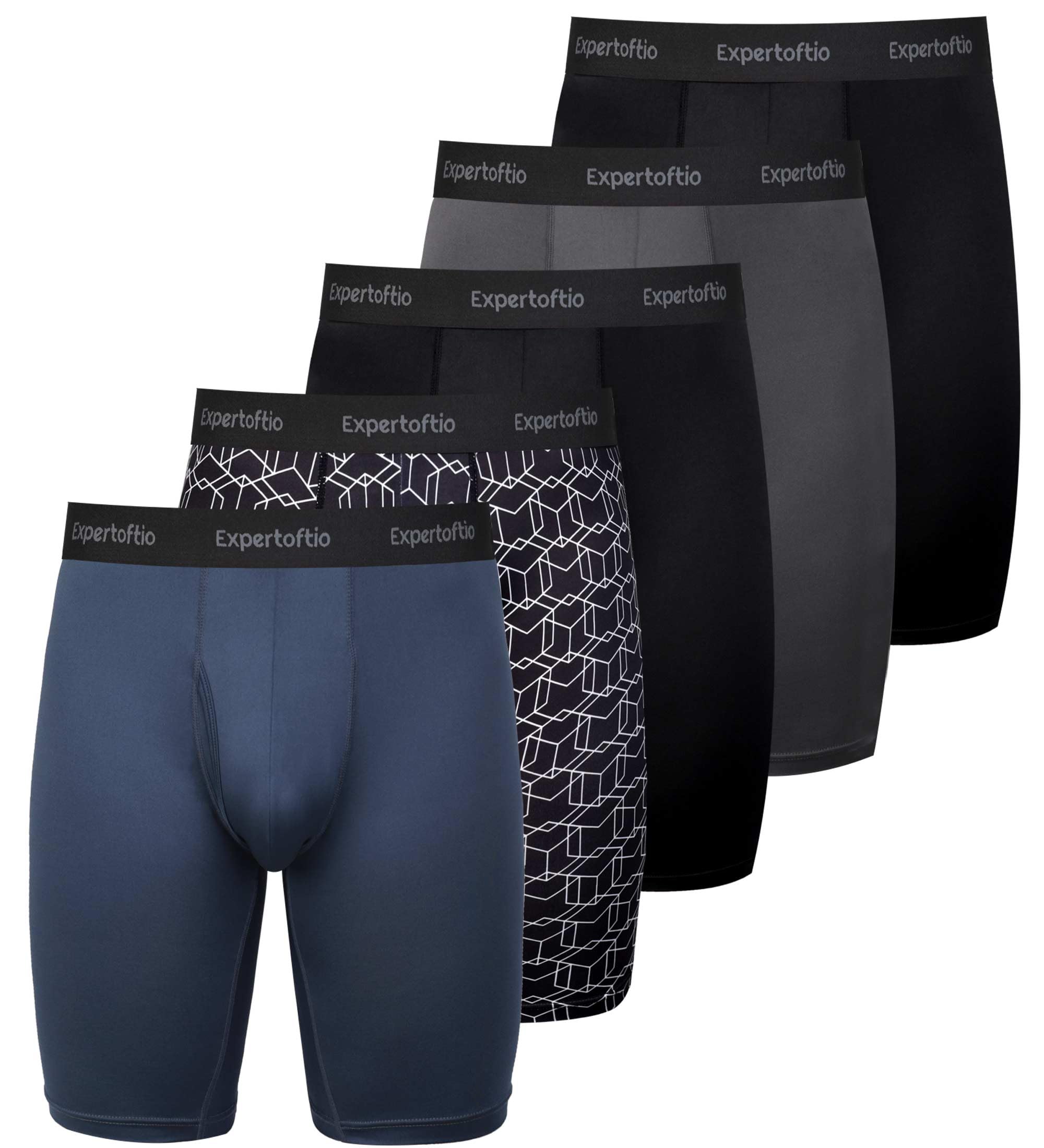 Photo 1 of Expertoftio Men's Underwear 9 Inch Long Leg Boxer Briefs for Men, Performance, Moisture Wicking Pack of 5, Anting Chafing, Fly, Blue Pattern,L