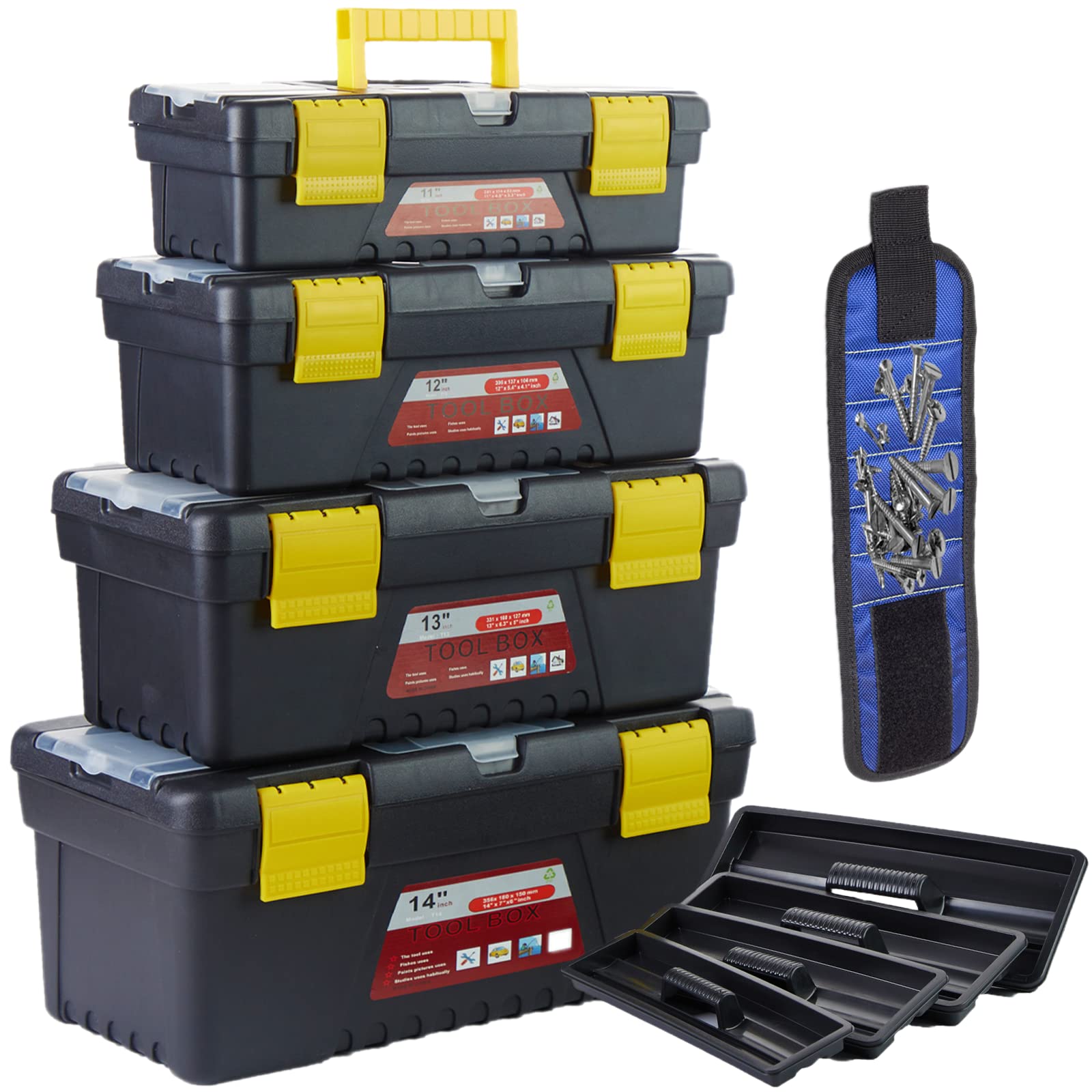 Photo 1 of 4-Piece Multifunctional Portable Storage Toolbox With Built-In Security Latch,Tray And Magnetic Wristband,Suitable For Home And Professional Repairers. (Size: 11"&12"&13"&14")