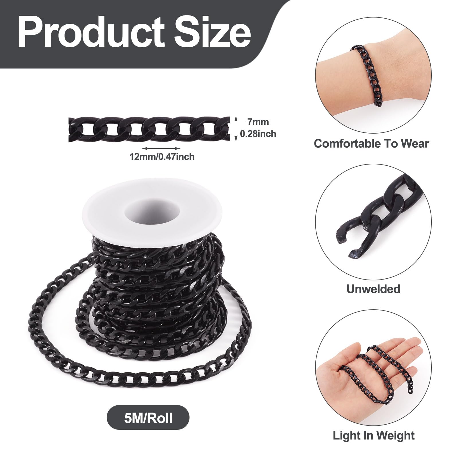Beadthoven 1 Roll 16.4 Feet Aluminium Curb Chains 12x7x2mm Black Twisted Links Cable Necklace Chain Unwelded with Spool for Jewelry Making