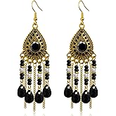 Ricarmo Bohemian Dainty Vintage Gold Crystal Teardrop Chandelier Lightweight Dangle Drop Earrings Retro Alloy Chain Fringe Hook Earrings For Women Jewelry Gifts