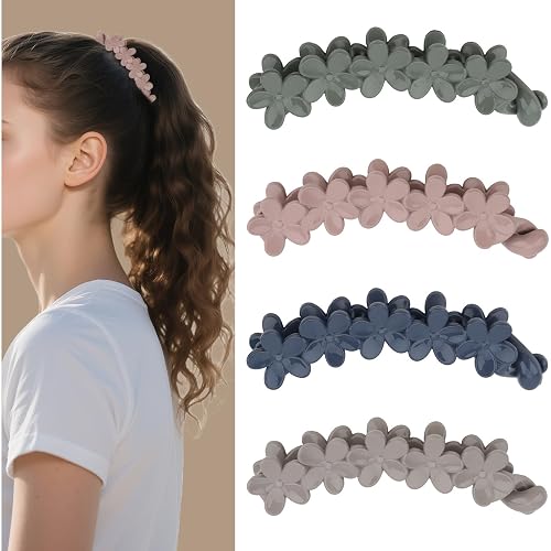 KEUKORZ Flower Banana Hair Clips - 4Pcs Large Banana Claw Clips for Women’s Thick Hair - Fashion Accessories Ponytail Holder for Styling Dressing Yoga(4 Colors- Blue, Green, Pink, White)