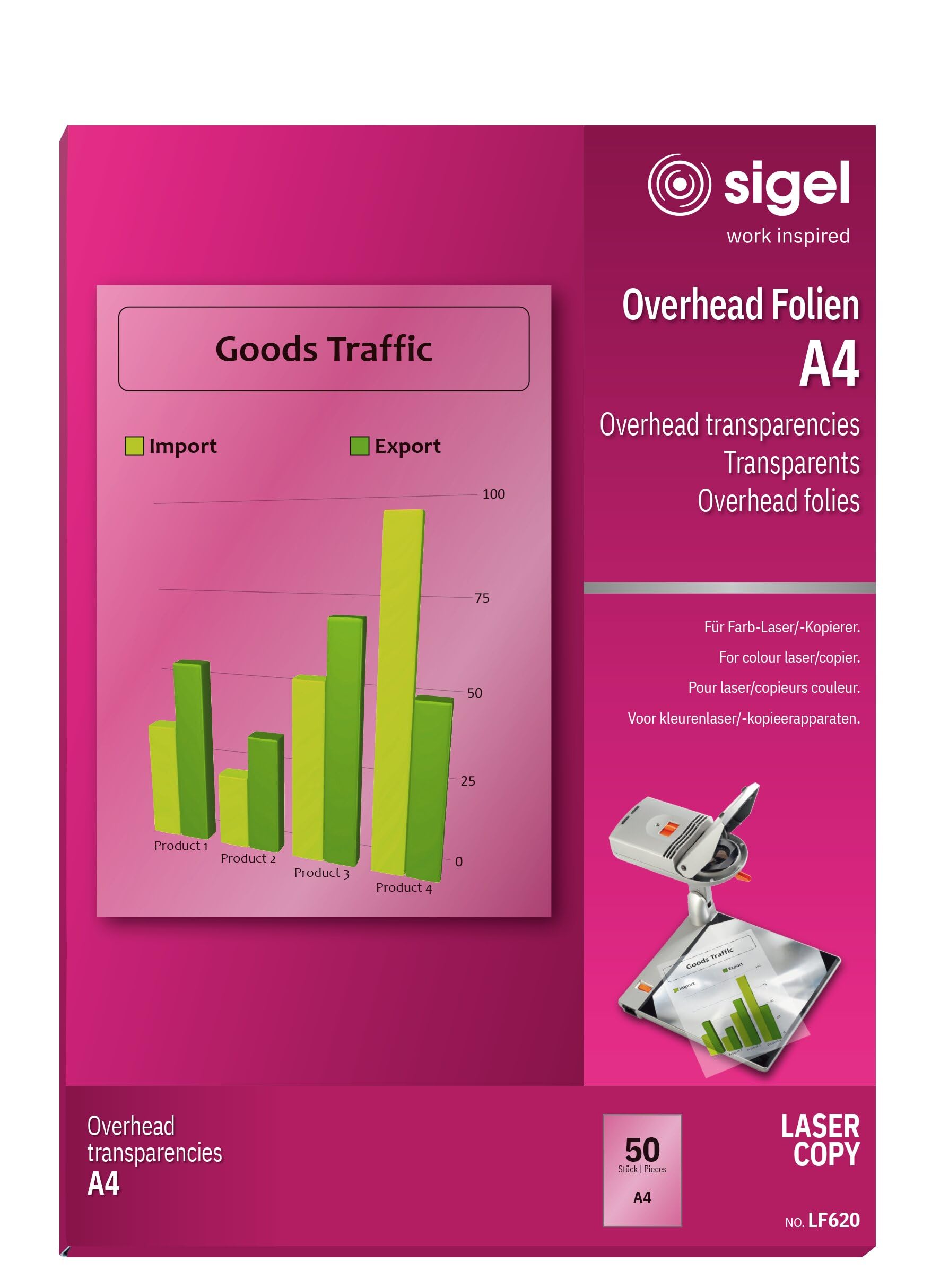 SIGEL LF620 Transparency Film for Colour Laser/Copier, clear, auto feed, heat resistant, for double-sided printouts, 125 mic, A4, 50 sheets