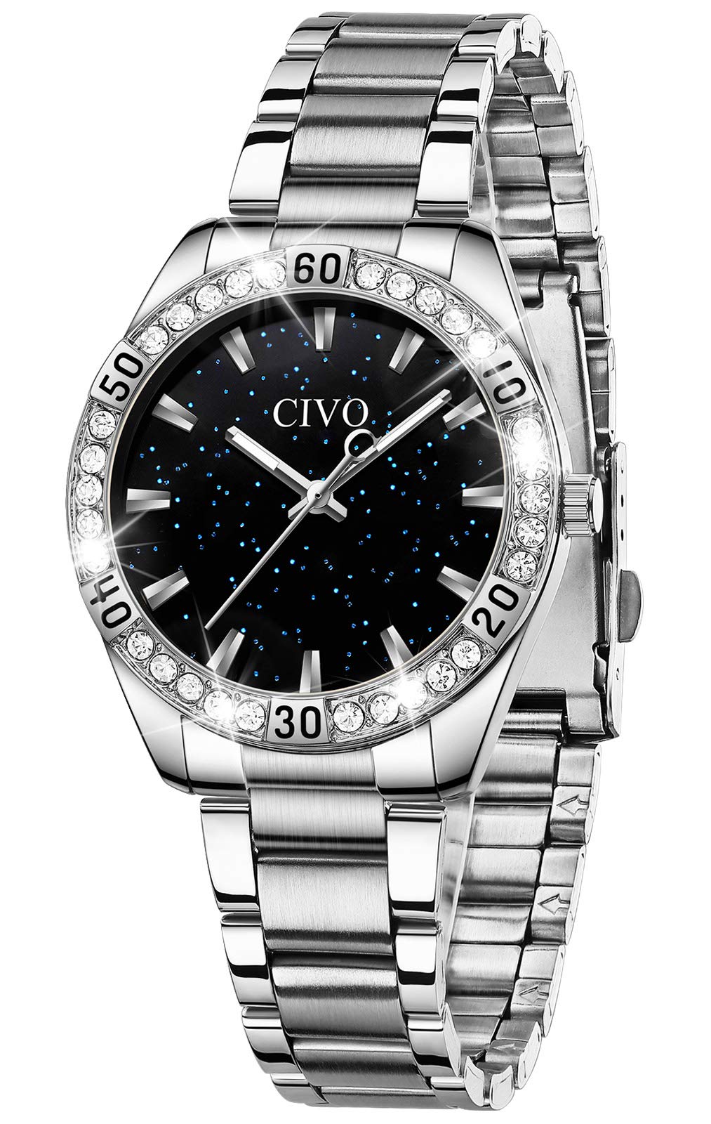 CIVO Ladies Watch Stainless Steel Silver Starry Sky Designer Analogue Waterproof Luminous Fashion Stone Dress Wrist Watch