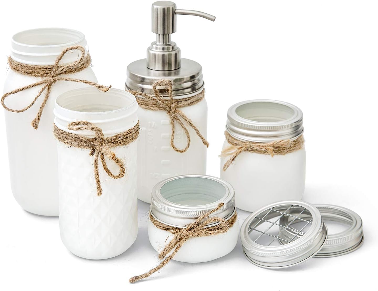 Mkono Mason Jar Bathroom Accessories Set Painted MasonJars Bathroom Organizer Include Liquid Soap Dispenser, Cotton Swab,Tissue,Toothbrush Holder,Rustic Country Countertop Fall Decor 5 Piece, White: Home & Kitchen