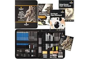 Castle Art Supplies 60 Piece Drawing & Sketching Set | Quality Graphite, Charcoal, Pastel, Water Soluble Pencils + Sticks, Fineliners | For Professional and Adult Artists | In Carry-Anywhere Zip Case