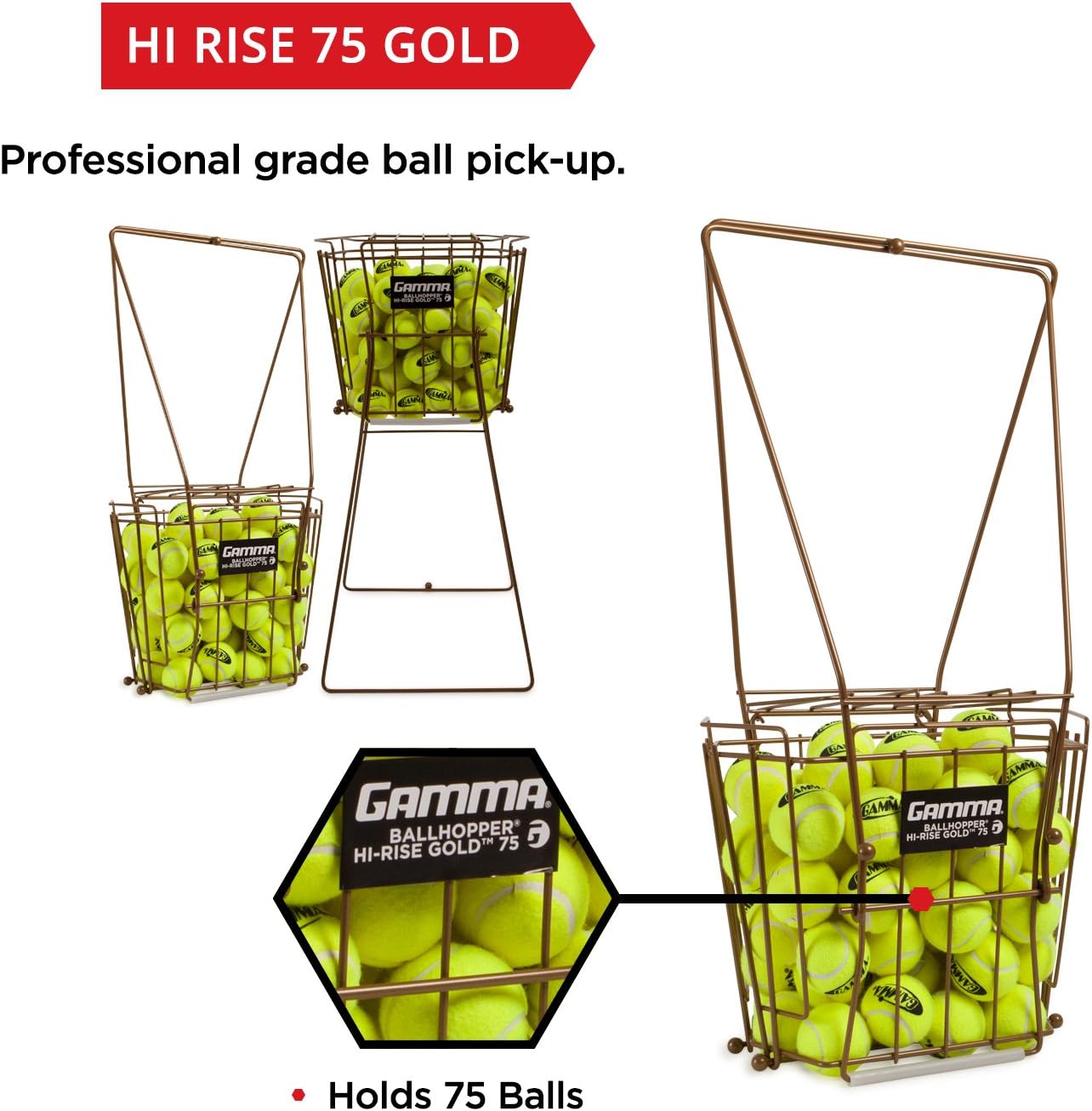 Gamma Sports Ballhopper Premium Pro 75 HiRise Gold Tennis Ball Pickup – Professional & Heavy Duty Floating Wire Design, Weather-resistant Durable Coating, Hinged Lid to Prevent Spilling, Convenient Handles, Holds 75 Balls : Tennis Ball Hoppers : Sports & Outdoors