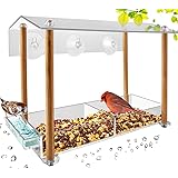 HHXRISE Bird Feeder, Strong Large Size with Suction Cups & Seed Tray, Separate Drinking-Water Sink & Wood Pillar Support, Wea