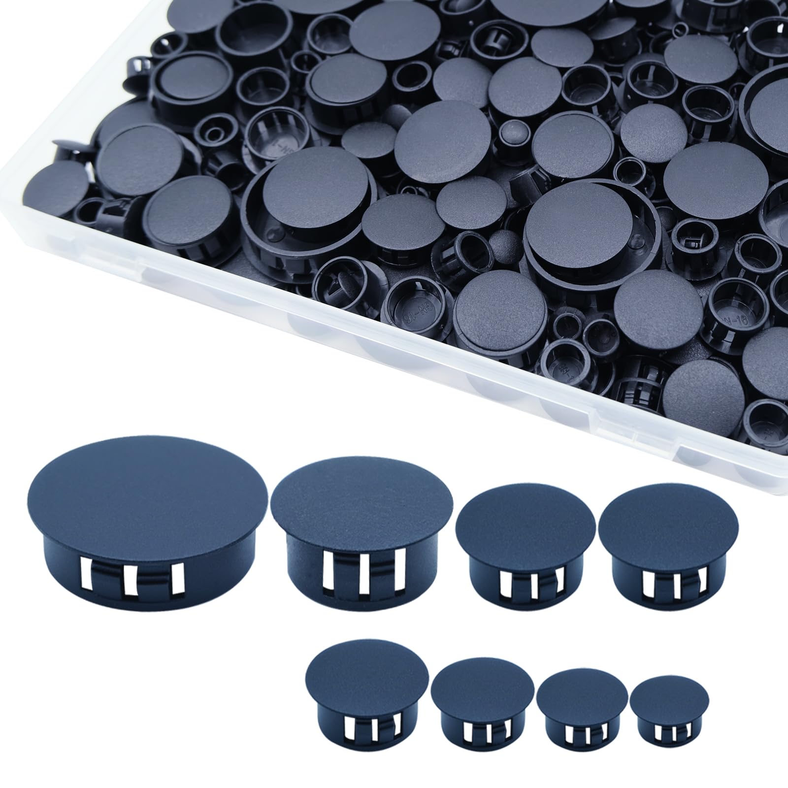 Photo 1 of 180PCS 8 Sizes Black Plastic Hole Plugs, Plastic Plugs for Round Holes, Flush Type Panel Knockout Locking Plugs, Used for Reserved Holes in Furniture Cabinet, 1/4" 5/16" 3/8" 1/2" 5/8" 3/4" 7/8" 1"