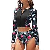 Pinup Fashion Long Sleeve Rash Guard - 2 Piece Swimsuit Bathing Suits with Bottom Swim Top UV UPF 50+