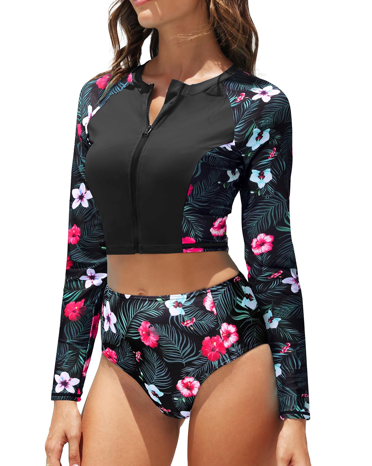 Photo 1 of **MISSING TOP**
Pinup Fashion Long Sleeve Swimsuit Black Flower Zipper 2 Piece Rashghard Set Crop Swim Tops with Bulit in Bra M