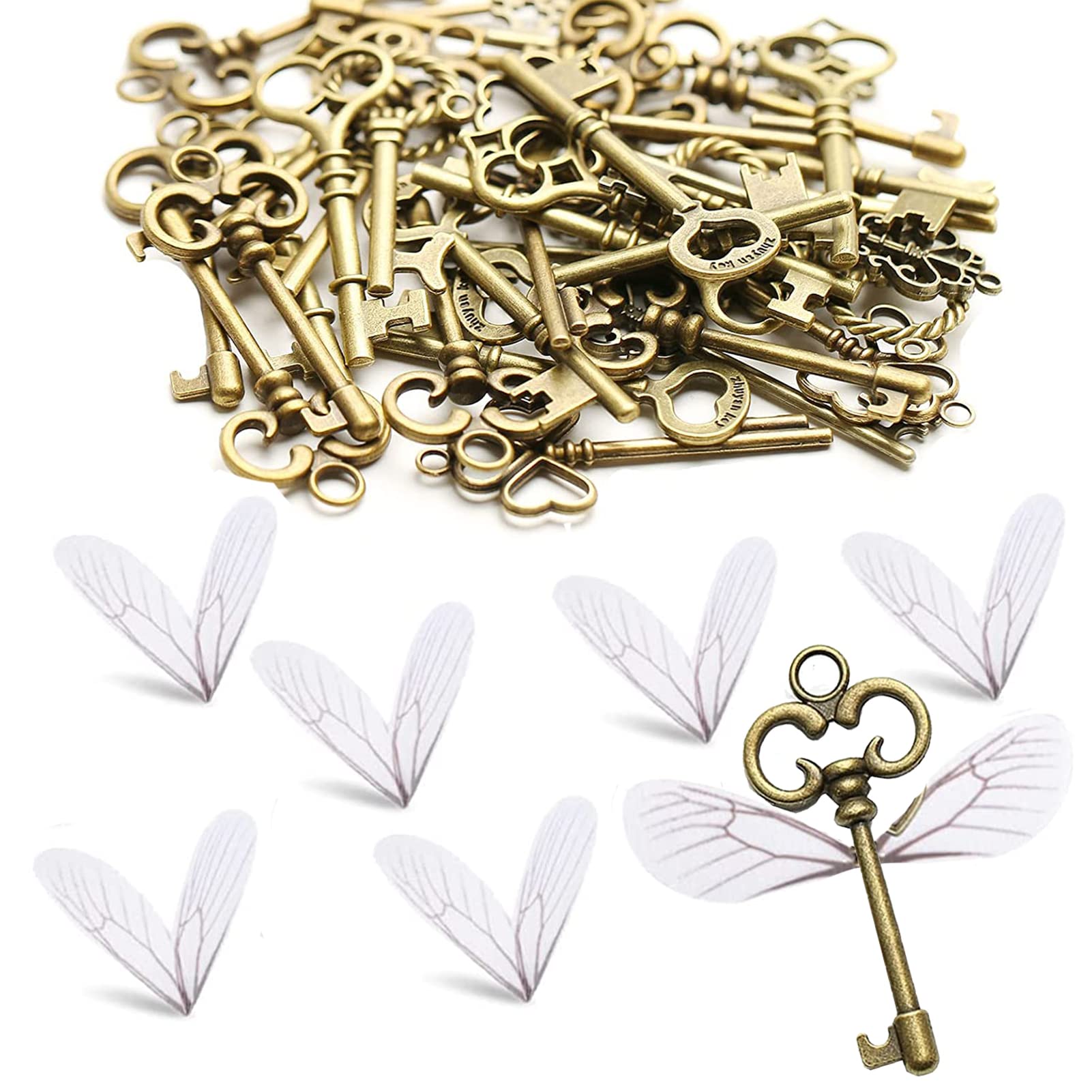 HERZWILD 60 Pcs Vintage Skeleton Keys Flying Keys Charms，Mixed 6 set Bronze Vintage Keys With Dragonfly Wings and Elastic Crystal String for DIY Wedding Party Decorations.