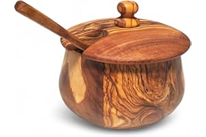 OLIVIKO Olive Wood Salt or Sugar Bowl with Swivel Lid – Handcrafted Spice Keeper + Free Spoon – Food-Safe Wooden Container fo