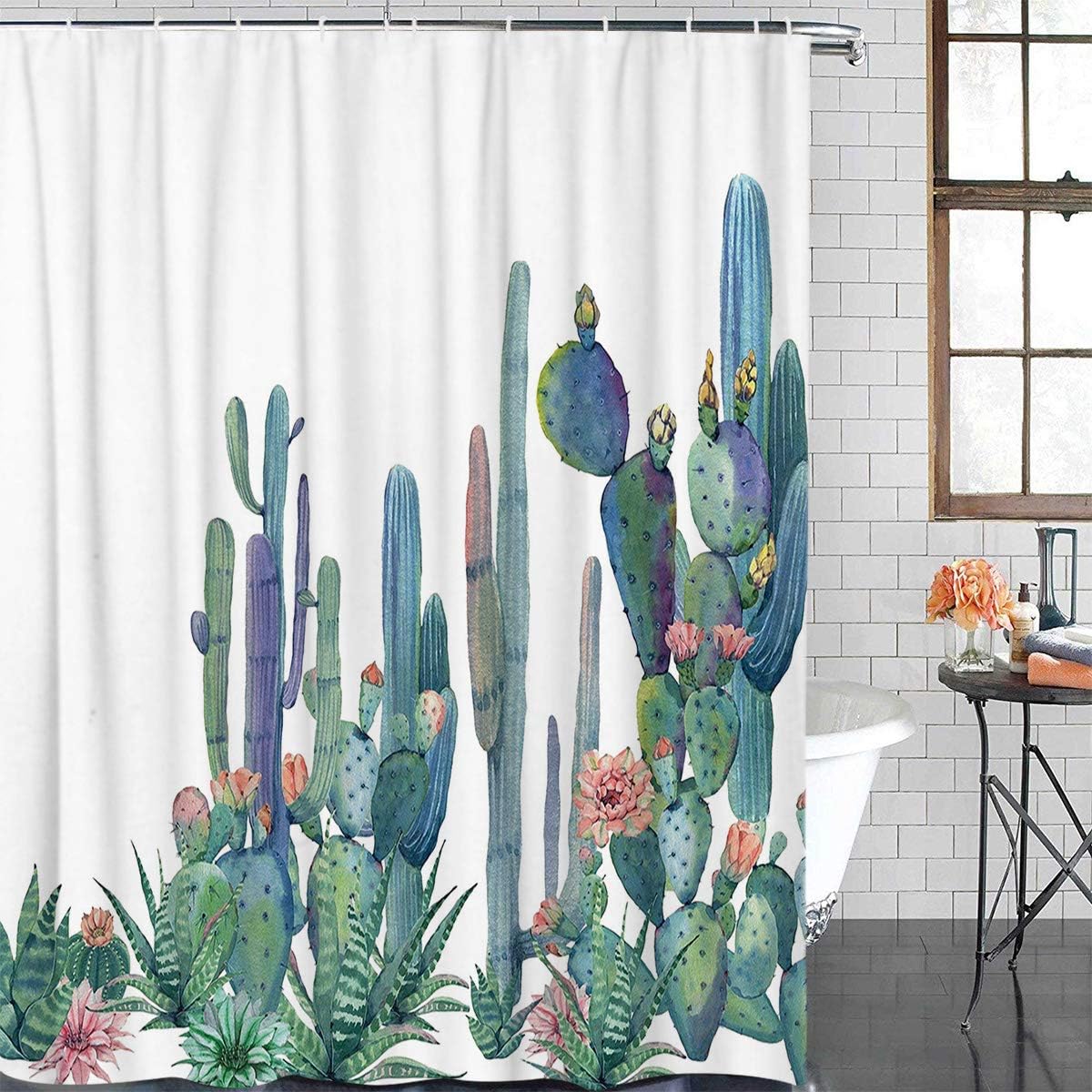 wanxinfu Shower Curtain Polyester Fabric Bathroom Curtain Set with Hooks Bath Decor Set Waterproof Personalized Customization Curtains, Watercolor Cactus Nordic Style 72" x 72"