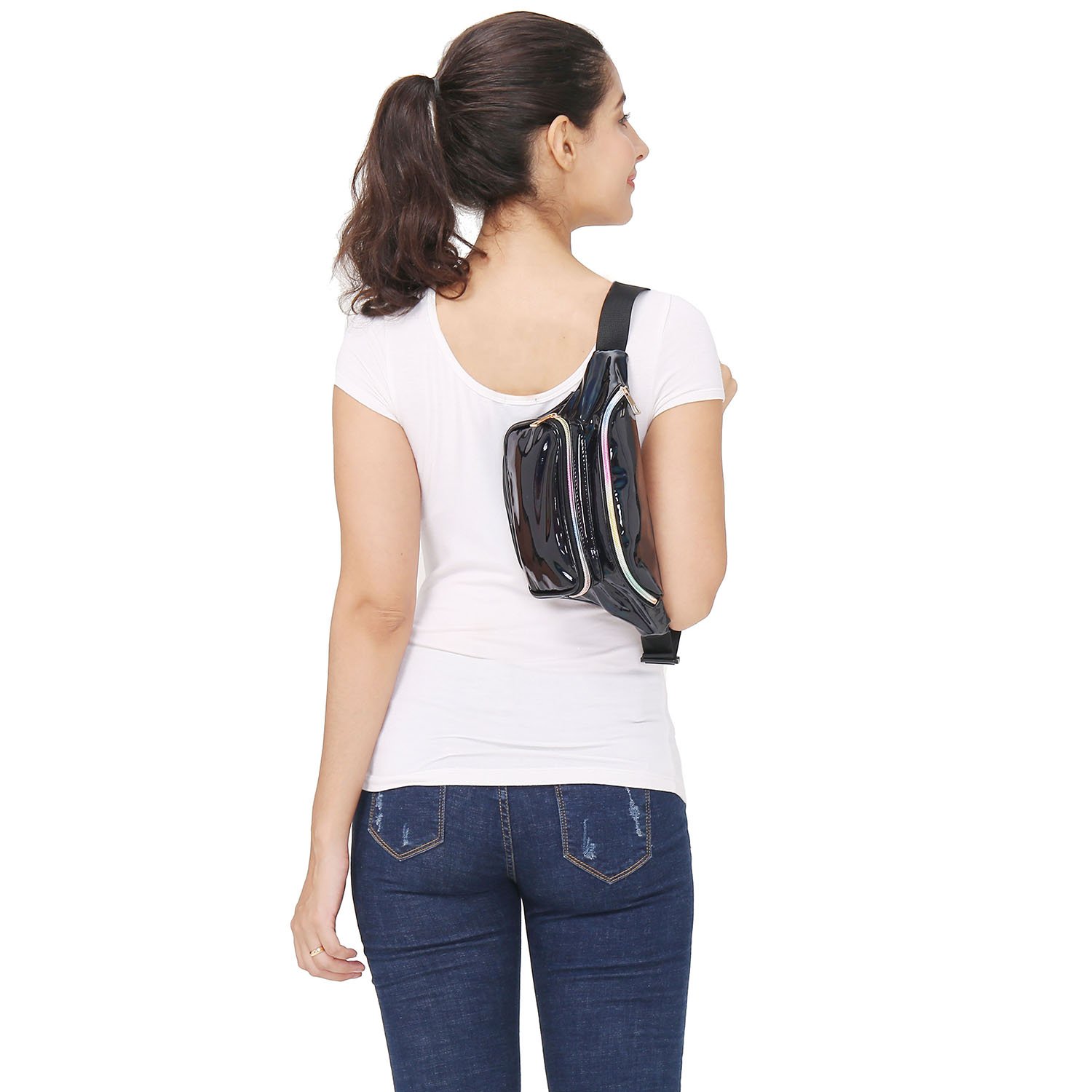 LEADO Holographic Neon Fanny Pack Cute Fashion Fanny Packs for Women and Men, Metallic 80s Shiny Waist Bags Water Resistant Bum Bag, Waist Pack Glitter for Rave, Festival, Party, Trip