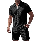 JMIERR Mens 2 Piece Jacquard Knit Outfits 1/4 Zip Golf Polo Shirt Shorts Set Casual Tracksuits for Beach Daily