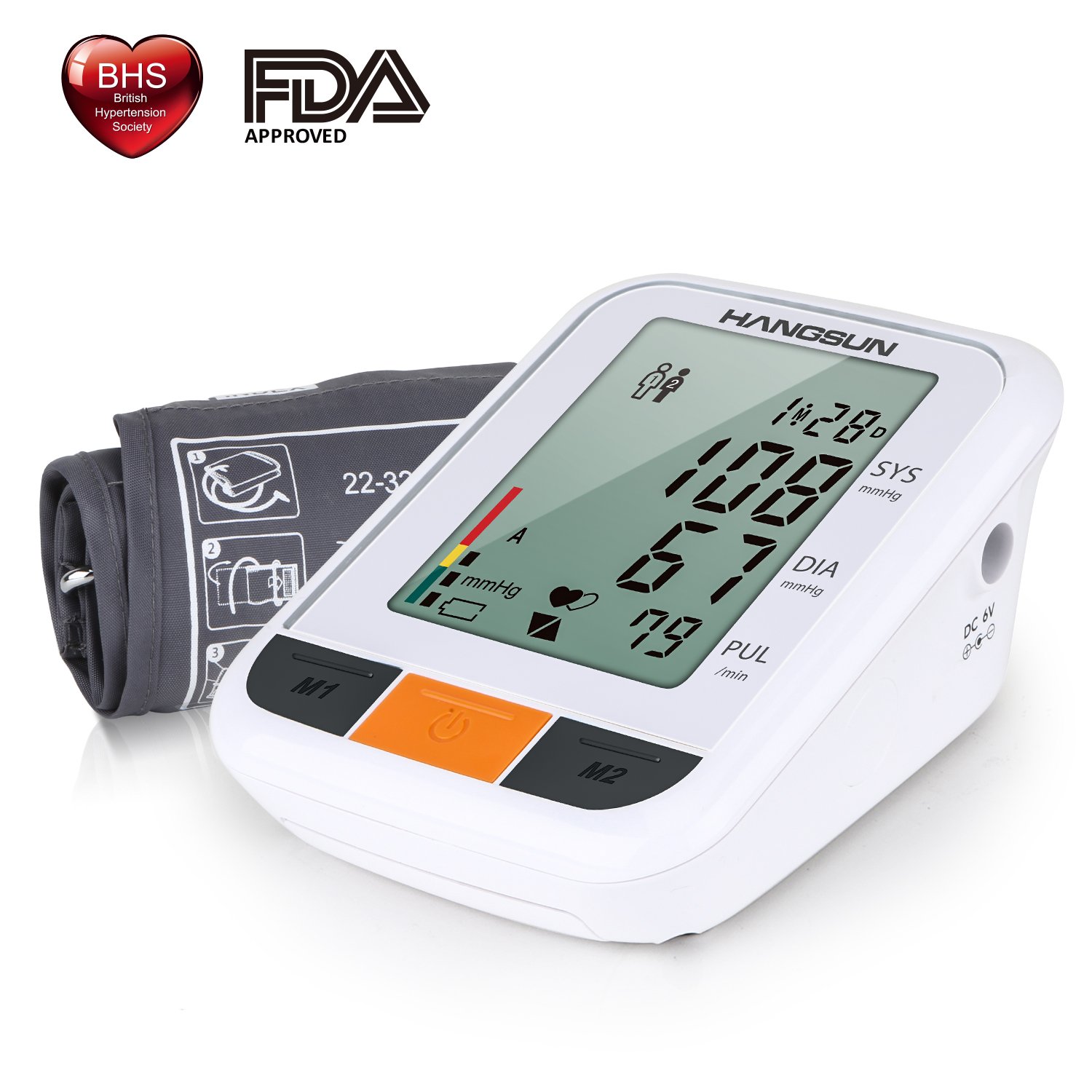 Hangsun blutdruckmessgerät oberarm vollautomatische BM230 mit großem LCD display, 2 Speicher-Plätzen, Universal-Manschette, WHO Anzeige und arrhythmie erkennung