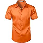 ZEROYAA Men's Hipster Shiny Silk Satin Shirt Regular Fit Short Sleeve Casual Button Down Dress Shirts for Summer Party