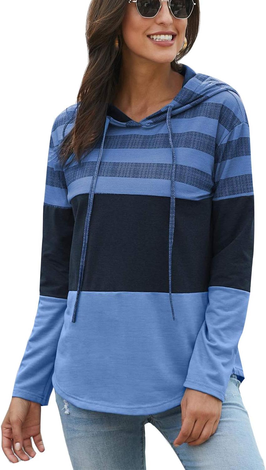 Striped Color Block Hoodies for Womens Long Sleeve Pullover Sweatshirts