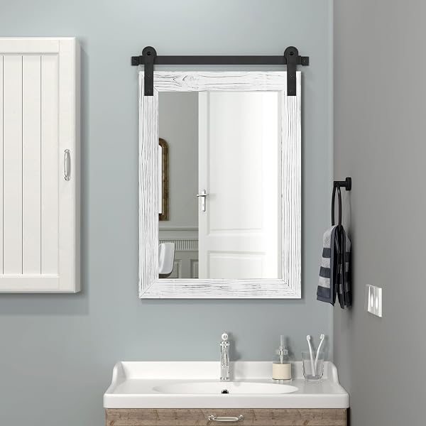 COGOOD FARMHOUSE BATHROOM MIRROR – 30 X 21 RUSTIC WOOD FRAMED WALL BARN DOOR MIRROR FOR ENTRYWAY, LIVING ROOM, VANITY WALL DECOR (WHITE)