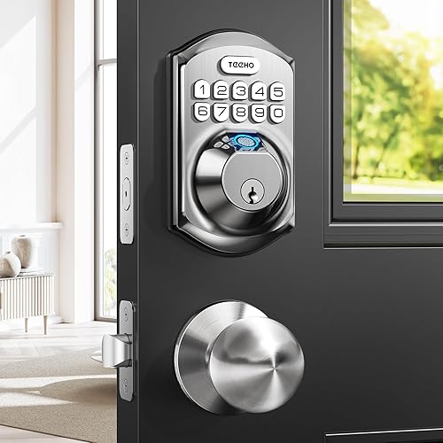 TEEHO TE002K Keyless Fingerprint Deadbolt Door Lock - Smart Lock with Handle and Keypad - Satin Nickel