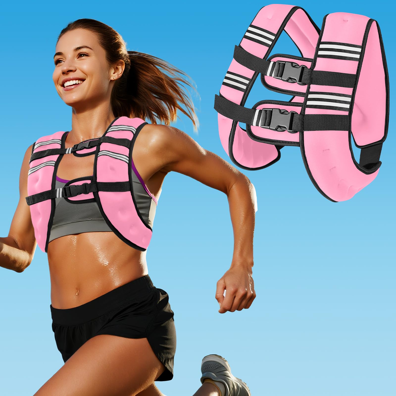Pink Weighted Vest with Two Adjustment Straps for Men Women, 8lbs/12lbs/16lbs/20lbs Weight Vest with Reflective Stripes for Workout, Strength Training, Running, Fitness, Muscle Building, Weight Loss Image