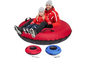 ZEALFEEL Snow Tube, 45''/48'' Rubber Snow Tubes with Commercial Grade Canvas Cover for Kids & Adults, Inflatable Heavy Duty Snow Sled Thickened Hard Bottom with Tow Strap, Sleds Winter Gifts
