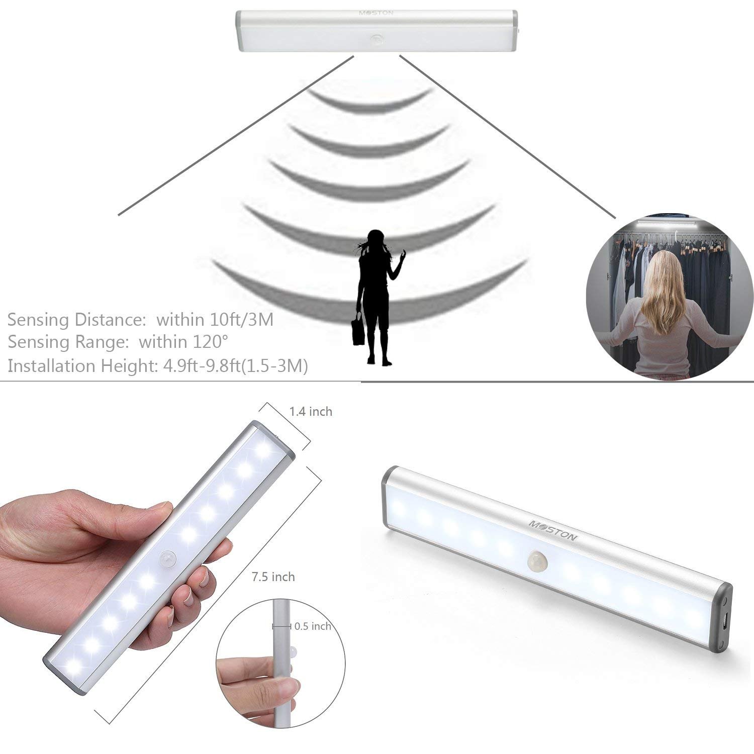 Moston USB Rechargeable Motion Sensor Under Light,10