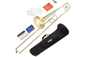 Mendini by Cecilio Bb Tenor Slide Trombone for Beginners - B Flat Brass Plated Trombone Instrument for Students with Tuner, Music Book, Hard Case, Mouthpiece, Cleaning Kit & Gloves (Gold)