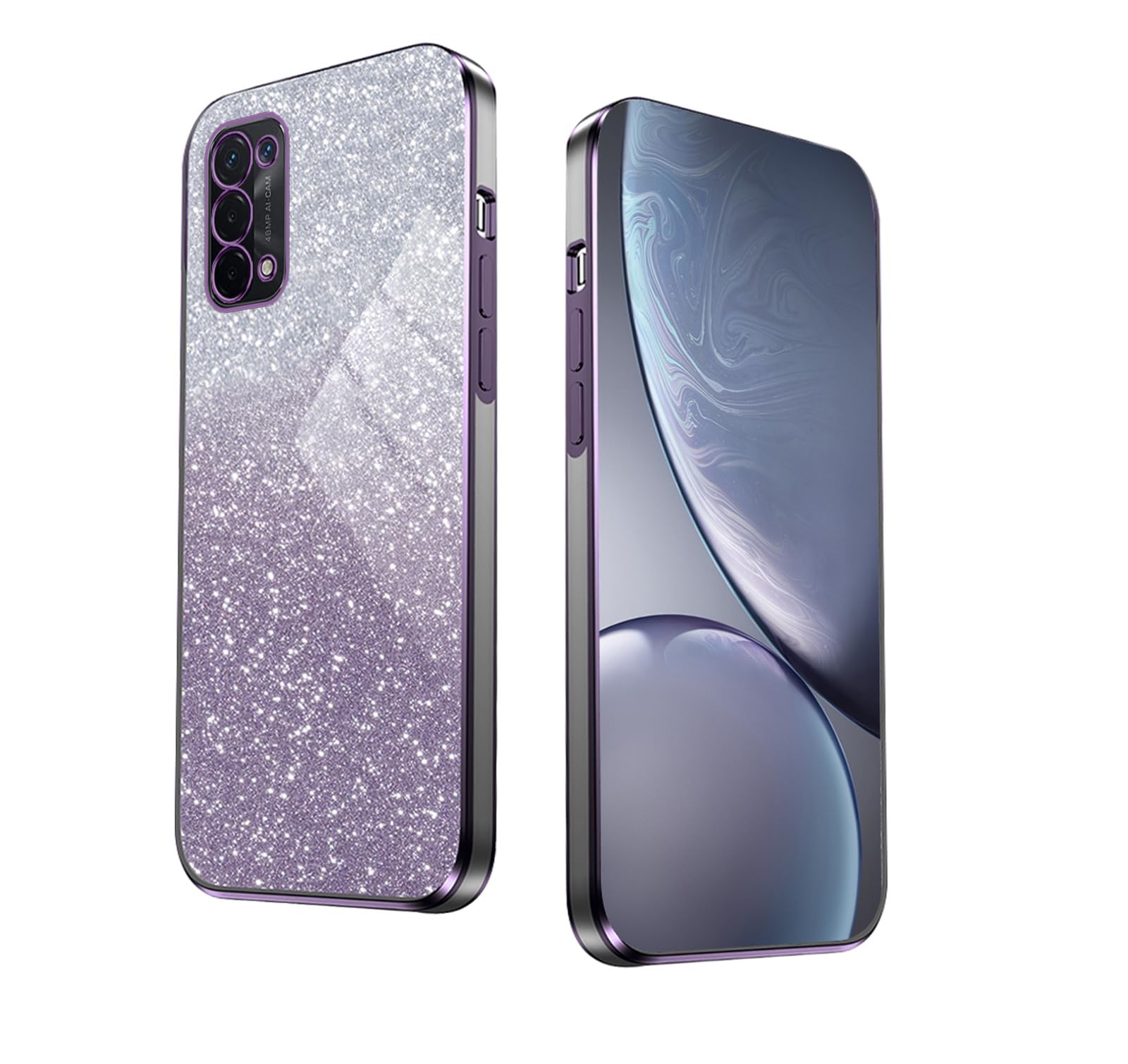 WBWONE Glitter Case for OPPO A74 5G / A54 5G Case, Electroplated Edge, Flexible Protection, Shockproof Soft Cover Shell with Glitter Stickers - Purple