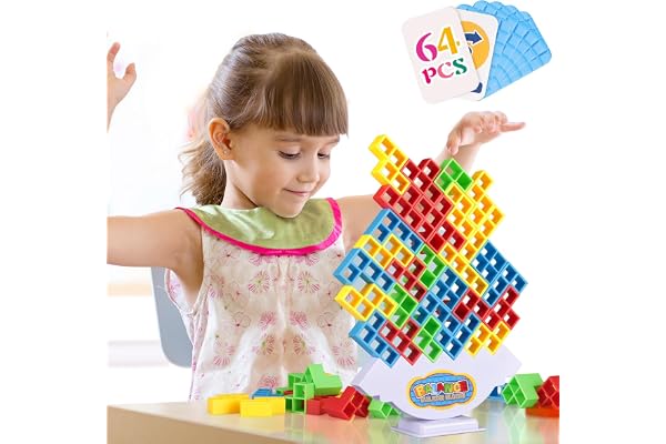 LIMYIOM 64Pcs Tetra Tower Game, Stack Attack Block Puzzle Game, Board Team Tower Game for Kids ＆ Adults, Stacking Blocks Tetr