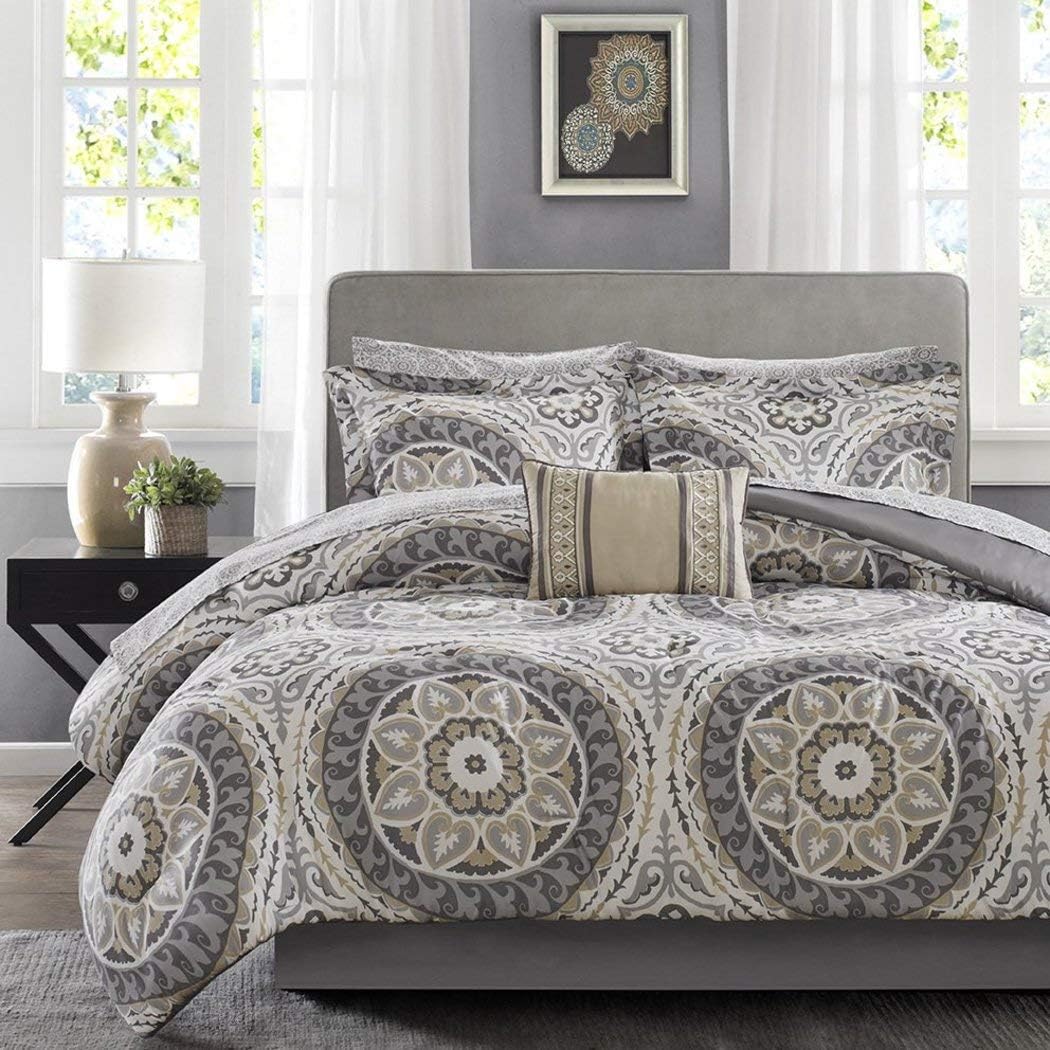 D&H 9 Piece Light Grey Medallion Comforter Queen Set, Beautiful All Over Bohemian Boho Chic Bedding, Multi Floral Paisley Mandala Motif Themed, Damask Flower Pattern Design, Taupe Tan Dark Gray