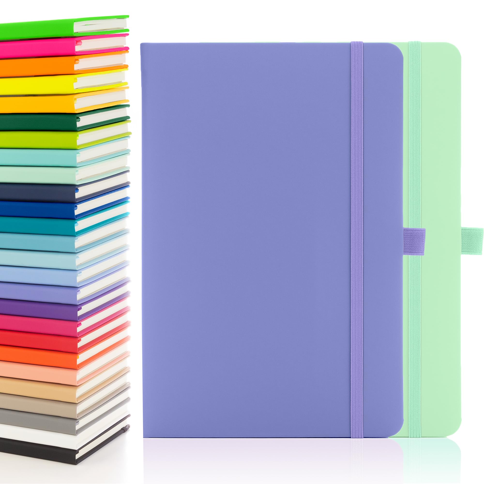 Notes London 2 x Eco A5 Notebook with Lined Pages, Pen Loop, Ribbon, Date Marks and Paper Pocket, Medium Hardback Journal, Note, sustainably sourced paper (Pastel Purple & Pastel Mint)