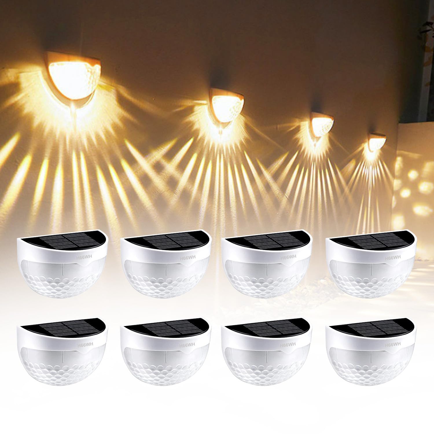 H66WH 8 Pack Solar Fence Lights, Wireless Solar Lights Outdoor Garden, Waterproof Solar Wall Lights Outdoor for Decorations, Fence, Yard, Deck,Stairway,Gate, Wall (Warm White)