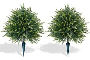 GROOY Artificial Cedar Topiary Trees with Ground Spike, 2 Pieces Fake Pine Shrubs Bushes, UV Resistant Faux Evergreen Cypress Tree Plants for Indoor Outdoor Planters Front Porch