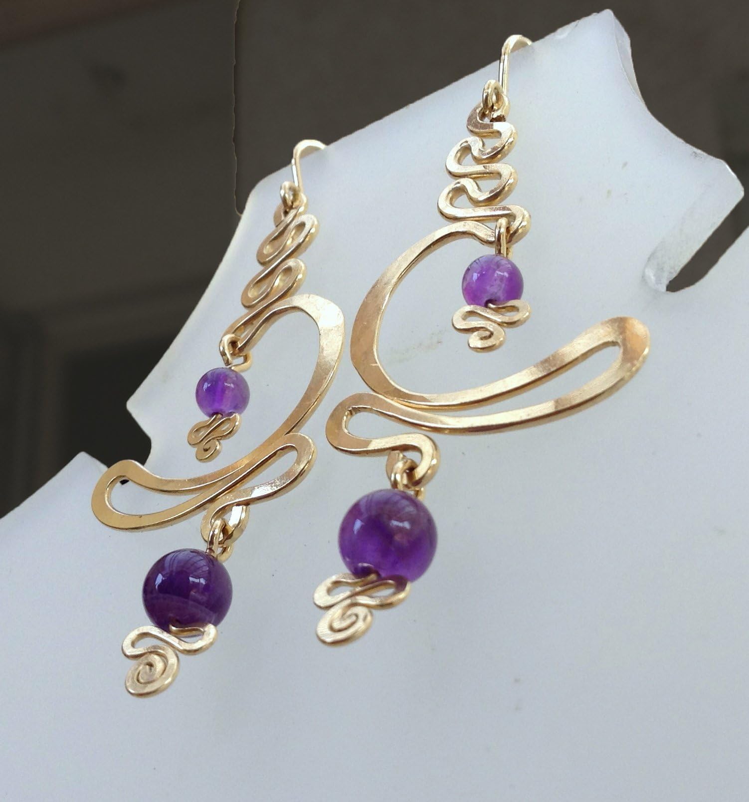 Gold Moon Wave Earrings - 14k Gold Filled, Large Dangle Earrings. Gold tribal-boho-gypsy earrings. bohemian style. with Amethyst (or your choise of stone)