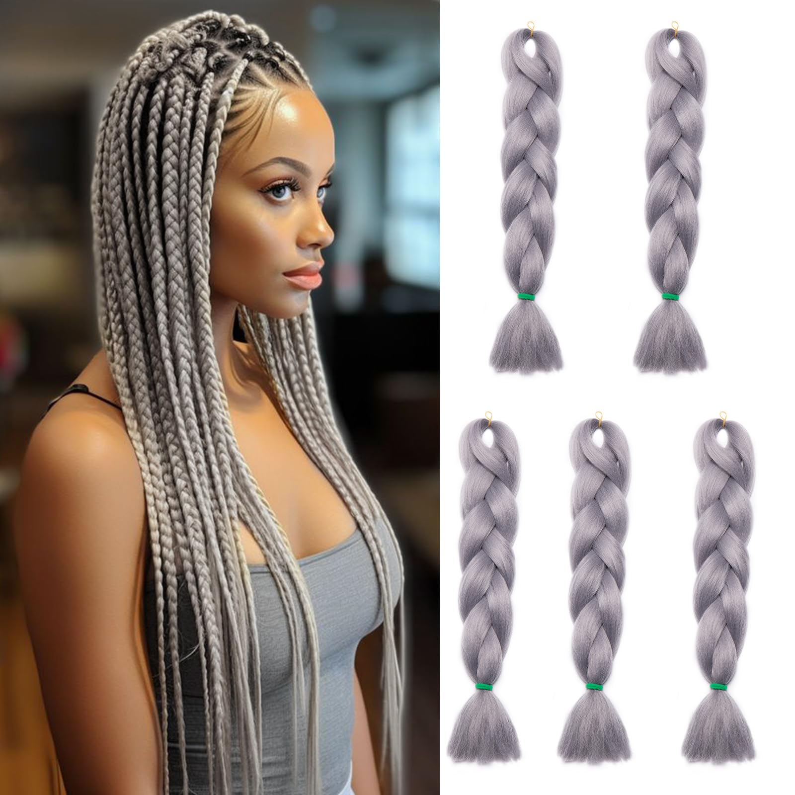 24inch 5PCS Braiding Hair Extensions Jambo Braids Ombre Hair Crochet Twist Braids Hairpieces Synthetic - Silver Grey — image 1