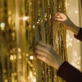 YAAVAAW Glitter Gold Tinsel Curtain 2 Pack 3.2x8.3ft Backdrop Door Fringe view 8