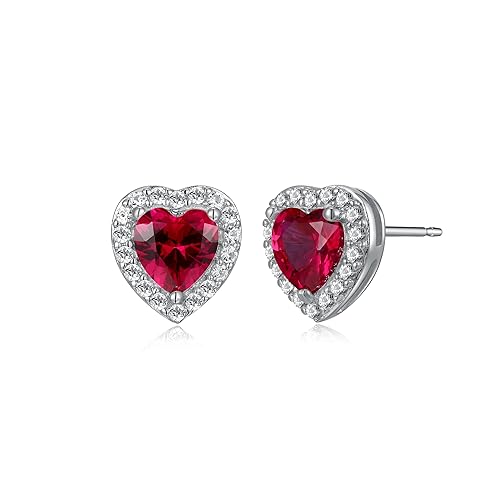 Amazon Essentials Sterling Silver Created Ruby and Created White Sapphire Halo Heart Stud Earrings, (previously Amazon Collection)