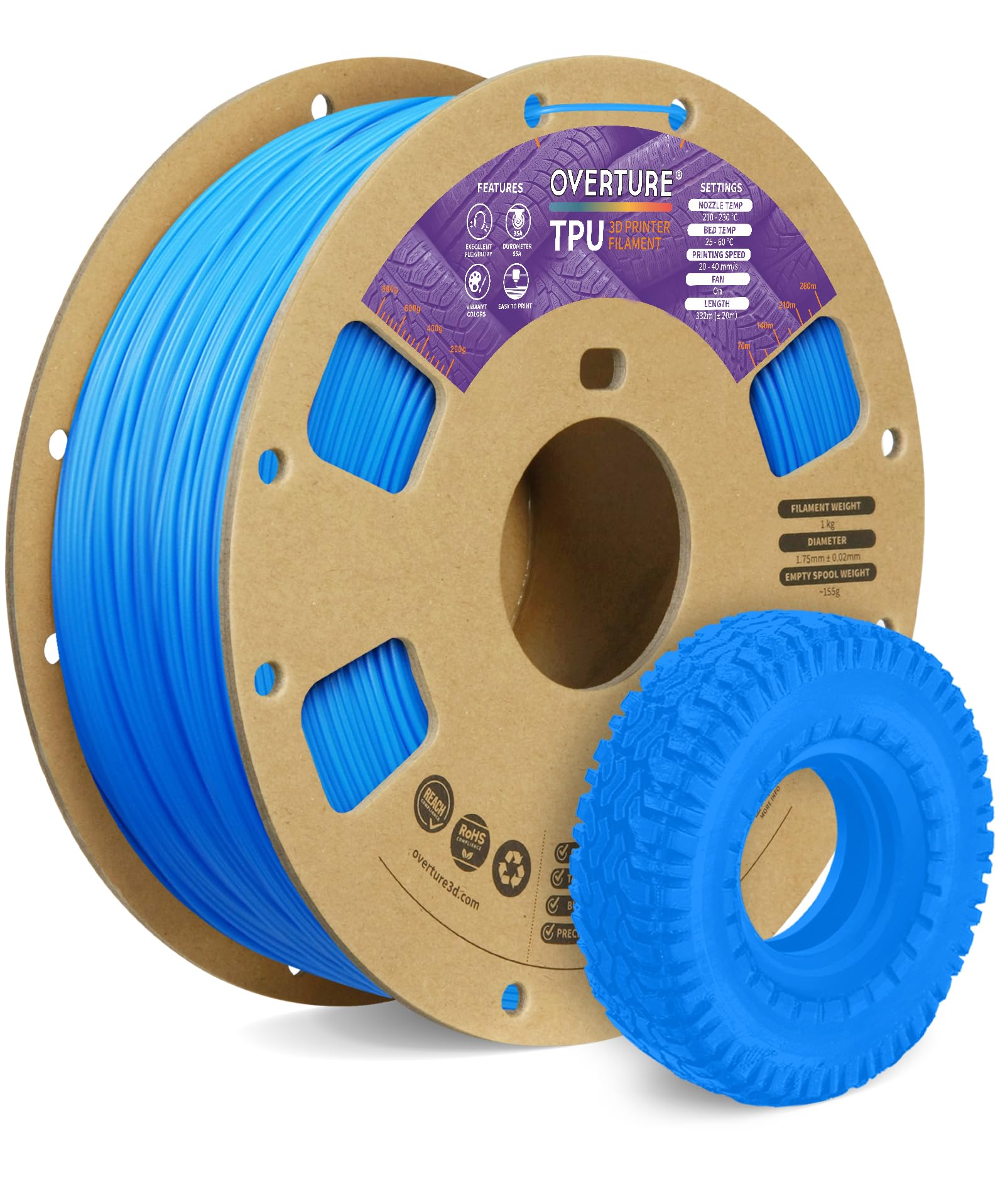 OVERTURE TPU Filament 1.75mm Flexible TPU Roll, 95A Soft 3D Printer Filament, 1kg Spool (2.2 lbs), Dimensional Accuracy +/- 0.02 mm(Digital Blue)
