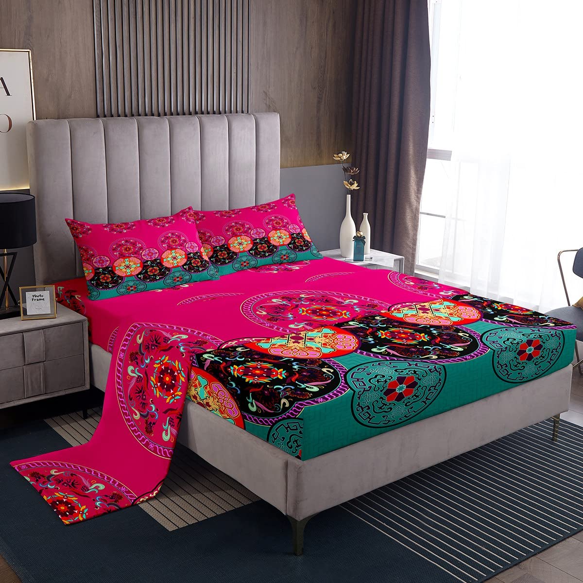 Loussiesd Bohemian Theme Fitted Sheet for Kids Boys Ethnic Vintage Floral Printed Bed Sheet Set Microfiber Exotic Tribal Pattern Fitted Sheet Room Decor Bed Cover 4Pcs Double Size