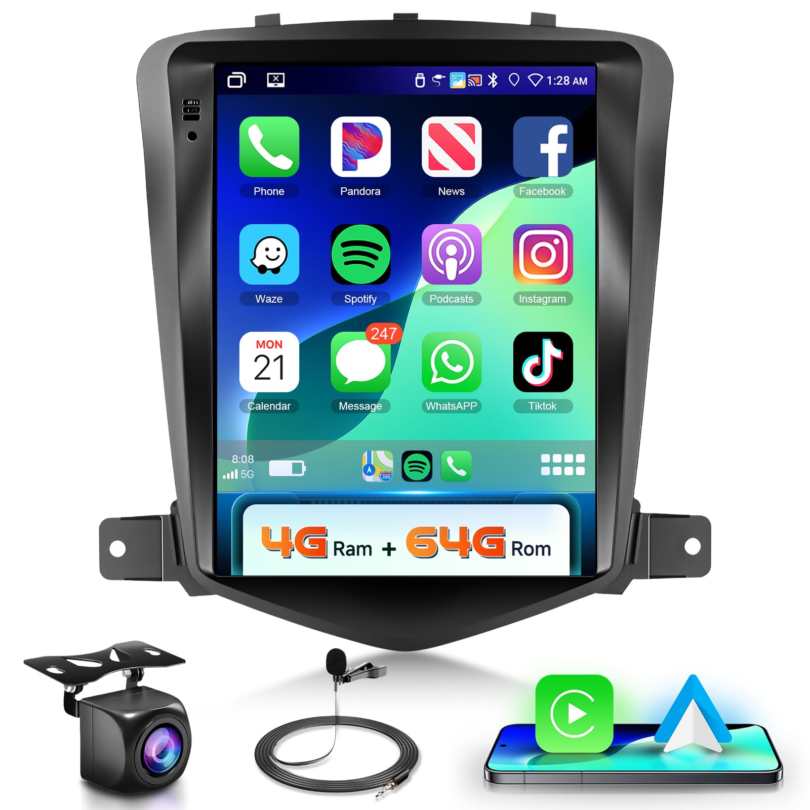 Photo 1 of 4G+64G Car Radio Stereo for Chevrolet Cruze 2009-2015 with Wireless CarPlay Android Auto,Tesla Style 9.7 Inch IPS Touch Screen Android 13 GPS WiFi Bluetooth DSP Audio USB Dual Mic HD Rear Camera