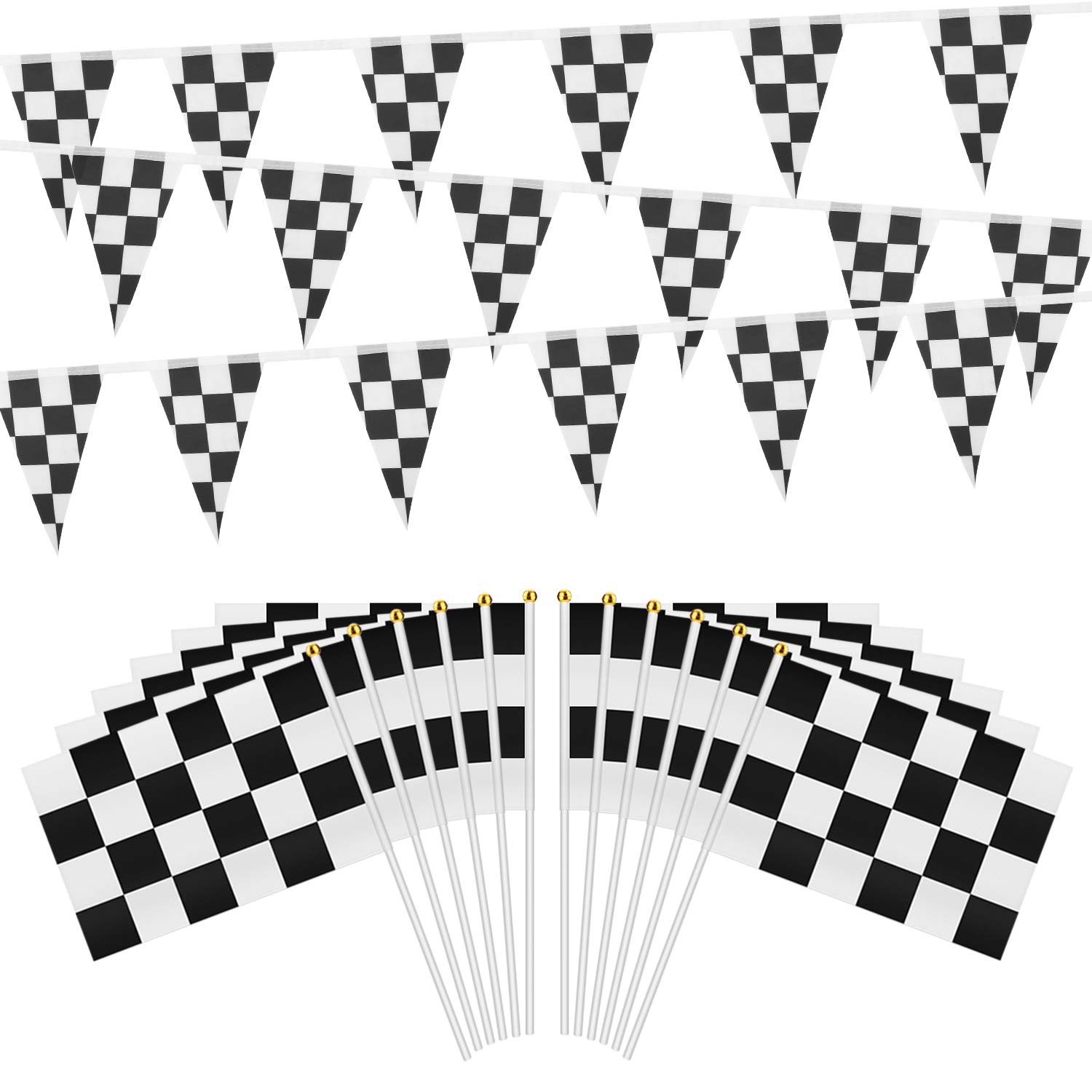 OOTSR 32ft Checkered Black and White Pennant Banner Racing Flags, and 30pcs Checkered Flags with Plastic Stick (8x5.5 Inch)