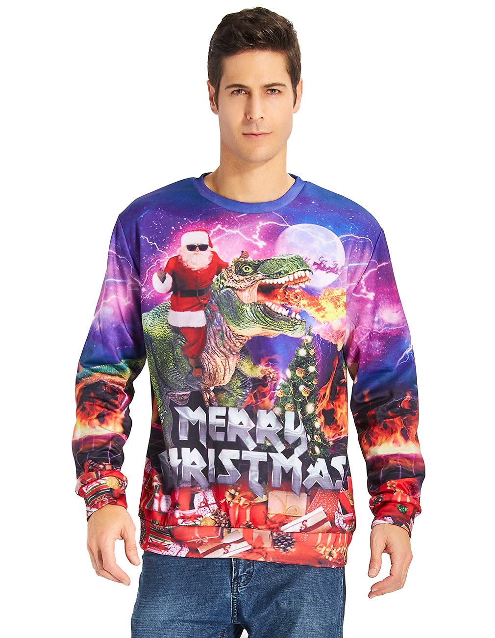RAISEVERN College Teens Chritmas Pullover Pullover lässig O-Ausschnitt Pullover Tops mit Santa Dinosaurier Muster Langarm hässlichen Outfits für Männer/Frauen