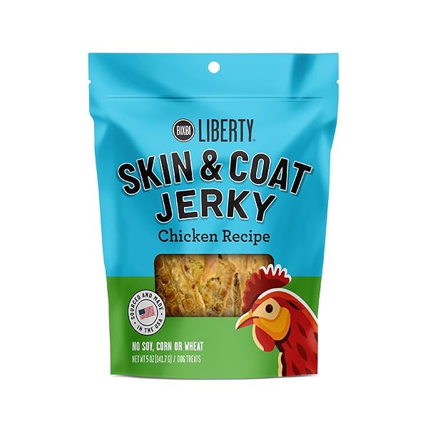 BIXBI LIBERTY SKIN & COAT SUPPORT CHICKEN JERKY DOG TREATS 5 OZ – USA MADE, GRAIN FREE, ANTIOXIDANT RICH TO SUPPORT SHINY, FULL BODIED COATS